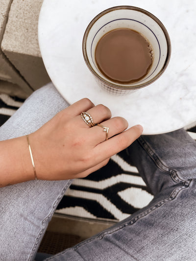 The perfect pairing: Solid gold stacking rings and a handmade coffee mug!