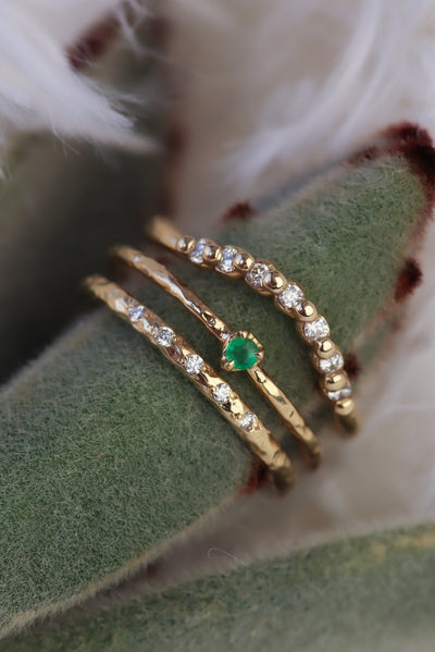 Textured and Luxurious Emerald and Diamond Gold Ring Stack For Everyday