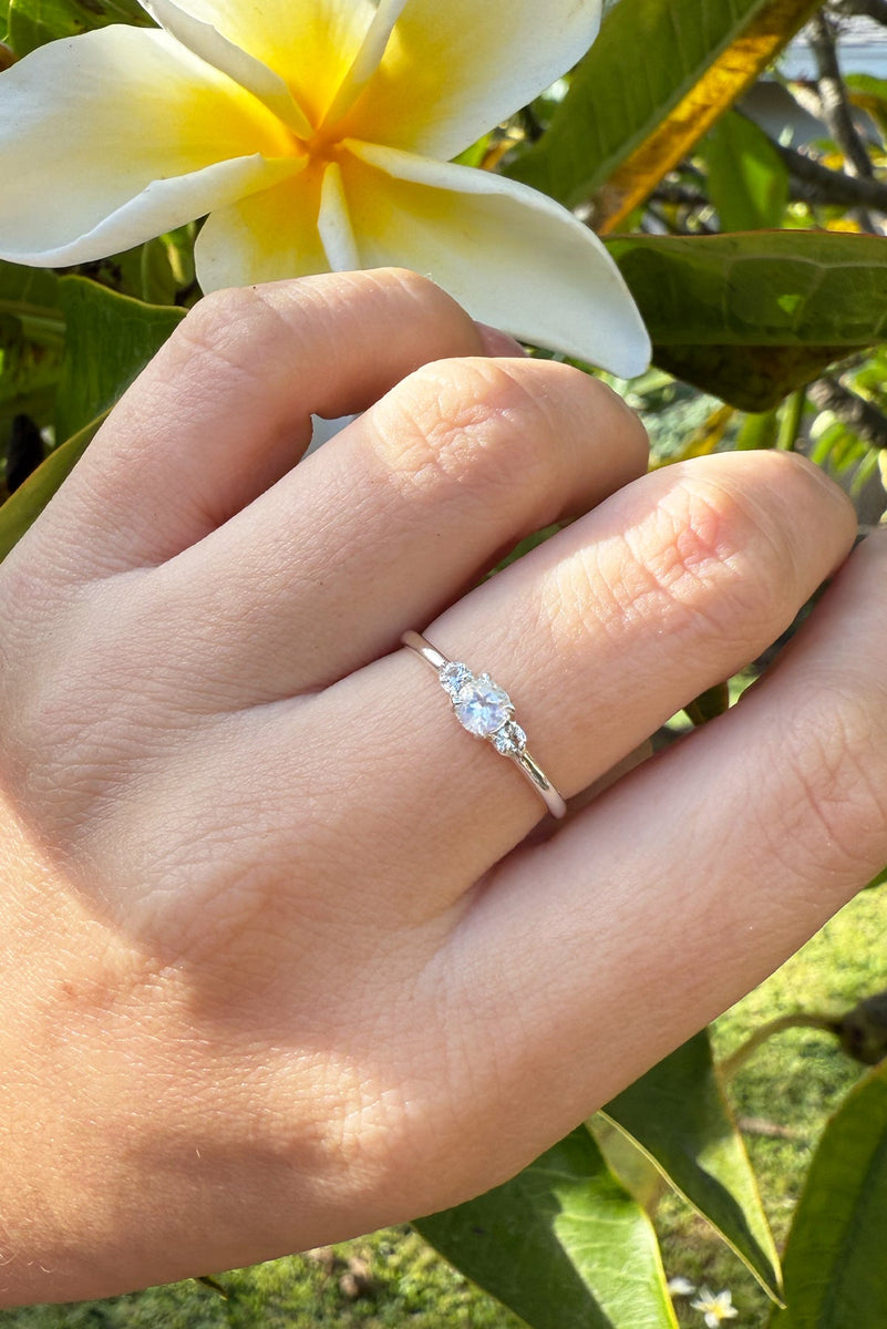 Silvershake 3 Stone Moonstone Ring - White Gold Plated Sterling Silver Ribbon Knot Weave Design - View #11