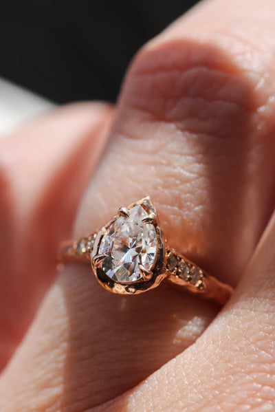 All about Aria, Our Pear Moissanite Hammered Engagement Ring