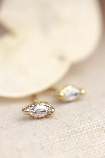 New! Unique and Dainty Marquise Stud Earrings Set in Textured Gold