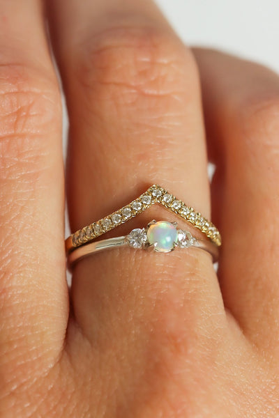 Opal and Diamond Ring Stack : Three Stone Sterling Silver Opal Ring and Diamond Chevron V Shape Ring