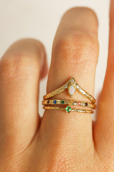 Solid Gold Colorful and Fun Ring Stack: Opal Marquise Ring, Rainbow Band, Dainty Emerald Stacking Ring